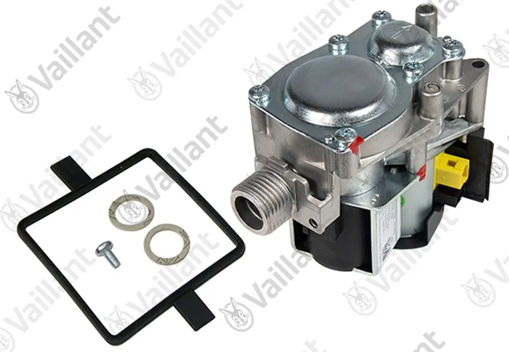 Vaillant Gasarmatur mit Metallgehäuse, mehreren Anschlüssen und Zubehörteilen wie Dichtungen und Schraube, präsentiert auf hellem Hintergrund.